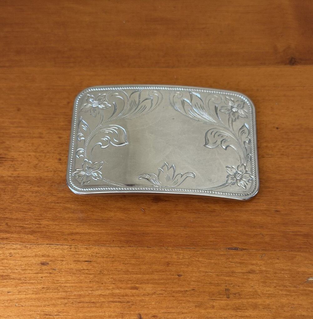 Vintage Belt Buckle Faux Silver with Flower Etching Unbranded 3 1/4 x 2”
